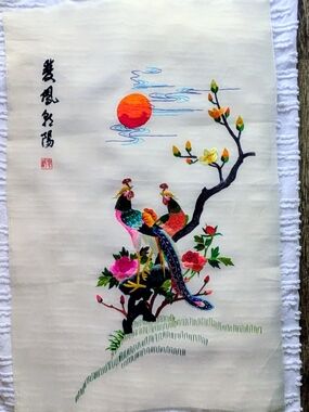 Hand-Embroidered Floral & Peacocks old chinese silk embroidery of birds & flower